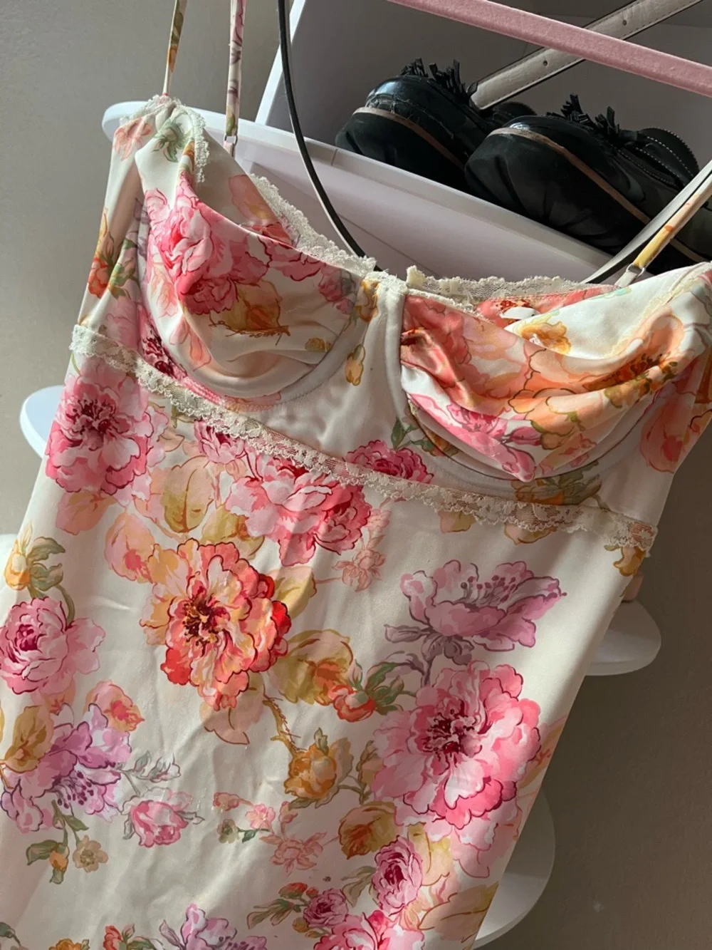 House of CB Josefina Floral Satin Slip Dress in Pink and Cream - Picture 2 of 5